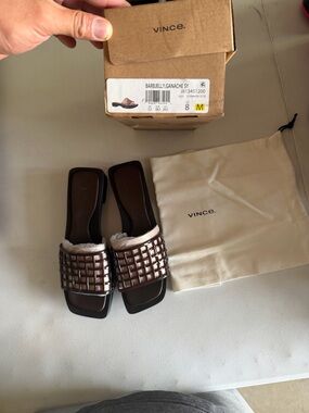 Vince Brown Woven Leather Slide Mules with Glossy Finish